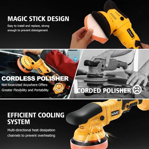 AUTIWOZ Cordless Car Buffer Polisher, 2x2000mAh 21V Batteries 5 Inch Random Orbital Polisher for Car Detailing, Waxing, Polishing, Scratch Removing, 6 Variable Speed Car Buffer Polishing Kit