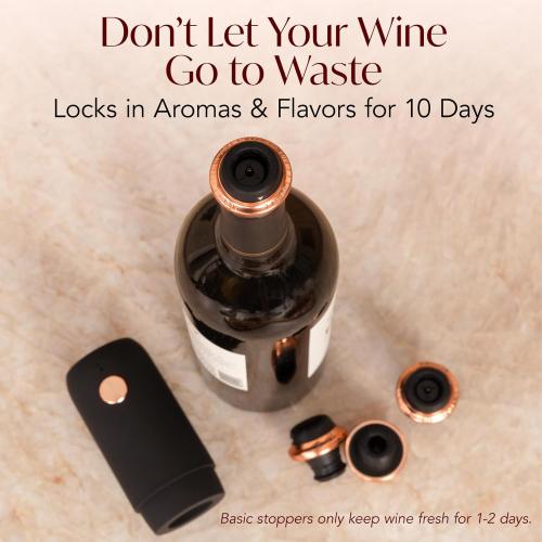 Electric Wine Preserver - Rechargeable Vacuum Saver With Airtight Seal - Automatic Air Remover Pump for 10 Days of Flavor & Freshness - Preservation System (Black & Rose Gold)