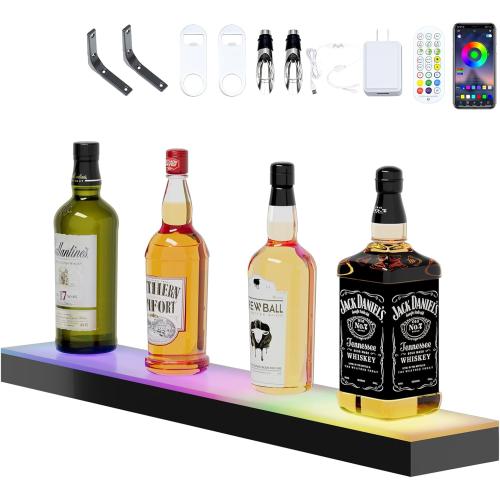 Dethan 1 Tier 24 Inch LED Lighted Liquor Bottle Display Shelf - Wine Racks with Multi-Color App & Wireless Remote Control, Adjustable Brightness & Sound Modes, Acrylic Bar Shelves for Home Bar Display