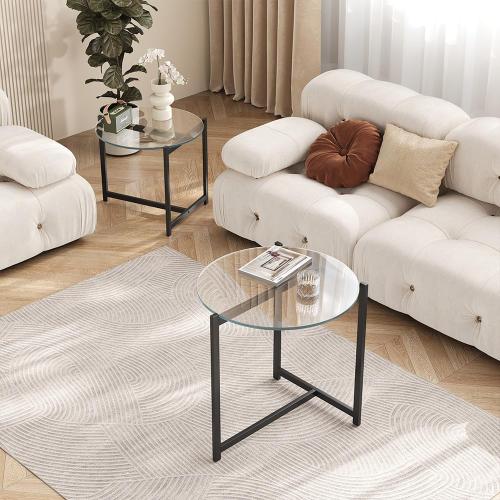 16 Inch Round Glass Coffee Table, Tempered Clear Glass Top with Sturdy Black Metal Frame, Easy Assembly Modern Side Table/End Table for Living Room, Bedroom, Office
