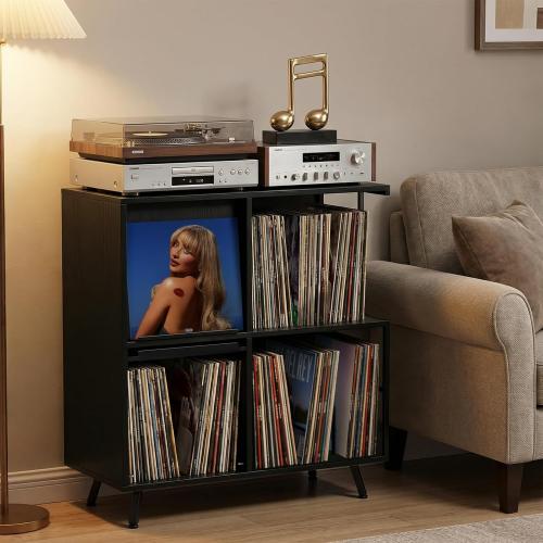 Faesun 3 Tier Flip Top Record Player Stand, Vinyl Record Storage Holds up to 300  Albums, Large Record Player Cabinet, Vintage Turntable Stand with Vinyl Display, for Living Room Bedroom, Black ‼️used product ‼️has some mild color peeling and bent wood‼️