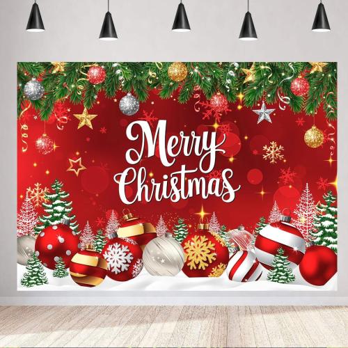 7x5ft Red Christmas Backdrop Merry Christmas Photography Background Xmas Tree Bell Snowflake Party Decoration Banner X-324
