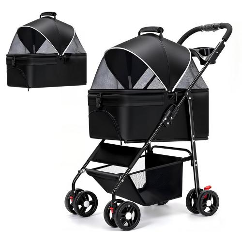 3-in-1 Dog Strollers for Small/Medium Dogs Cats,4 Wheels Pet Stroller,Detachable Carrier Basket,Breathable Mesh,Storage Basket,Cup Holder,Weather Cover,Black