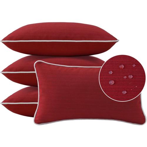 Decorative Outdoor Water Repellent Throw Pillows with Inserts, Set of 4, 20 x12 Pillows for Patio, Backyard, Bed, Couch, and Patio Furniture, Red