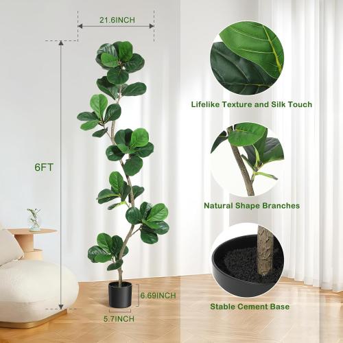 GarveeHome Artificial Fiddle Leaf Fig Tree - 6 ft Fake Plant with Black Nursery Planter, Large Fake Tree for Home or Office Decor - Artificial Plants Indoor Outdoor, Housewarming Gift