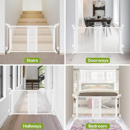 Color White No Drill Baby Gate for Stairs No Bottom Bar,  Adjustable Baby Gate with Large Walk Thru Door, Mesh Dog Gate for Doorways, Swing & Dual Openings, No Drilling Pet Gate Child Safety Gate, White