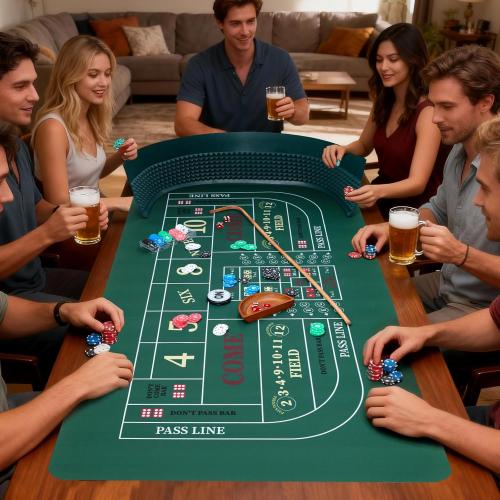 NEWTRY Craps Game Set: 35”×70” Craps Tabletop Layout, 48x11”Rubber Diamond Pyramid Bumper, 36” Rattan Stick, 5pcs Professional dice, 100 pcs Chips & ON/Off Buttons for Game Nights Party Camping
