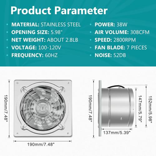 HG Power 6 Inch Exhaust Fan: Kitchen Exhaust Fans with Switch Portable Attic Vent Fan with 8 Feet Power Cord Plug-in Garage Ventilation Fan with Damper Shop Chicken Coop Basement Smoking Room Silver