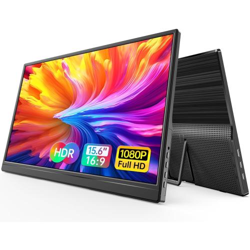 WGK 15.6 inch Portable Monitor 1080P FHD Travel Display HDMI/USB-C Compatible with Laptops, Desktops, Phones, PS, Mac, Xbox, Switch, and Other Gaming Devices Includes Stand and Speakers VESA