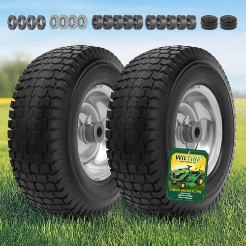 13x5.00-6 Flat Free Tire and Wheel Assemblies (2 Pack),13 x 5 x 6 Solid Rubbe Tires and Wheel for Riding Lawn Mower - With 3/4 Bushings (Extra 5/8 Bushings) and 3 Centered Hub (Gray)
