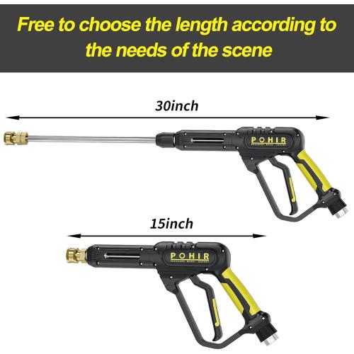 POHIR Pressure Washer Gun 3600 PSI with 3/8'' Swivel Quick Connect Extension Wand, M22 15mm and M22 14mm Fitting 30 Inch 7 Nozzle Tips, Yellow