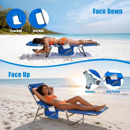 SUNNYFEEL Lay Flat Tanning Chair with Face Down Hole & Arm Slots, Backpack Beach Lounge Chair, 5-Position Folding Sunbathing Chair, 300 LBS Heavy Duty, 72 L x 22 W for Beach, Pool, Camping