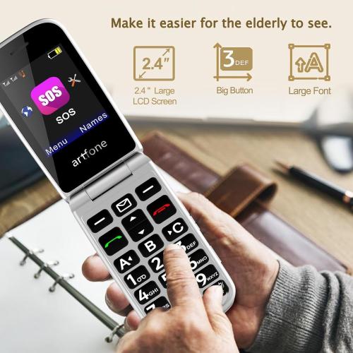 artfone G6 4G Flip Phone for Seniors⼁2.4 Dual-LCD⼁Big Button Cell Phone with SOS⼁Time Report⼁Speed Dial⼁Large Fonts⼁ 1300mAh Battery⼁USB-C Charging Dock– Grey