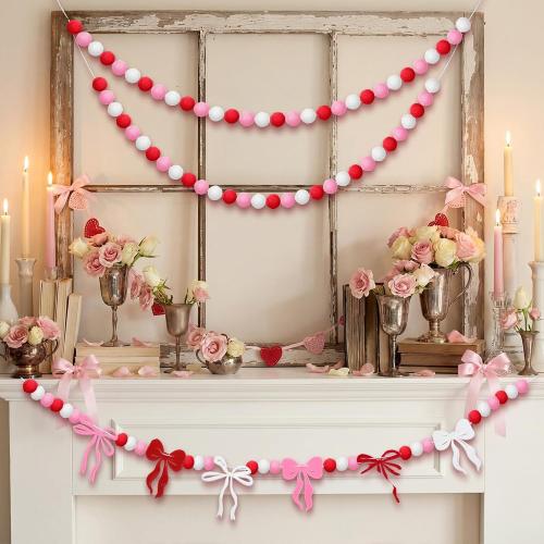 Breling 3 Pieces Valentine's Day Garland Felt Ball Garland, 10ft Pompom Bow Valentines Decorations Banner for Mantle Fireplace Room Valentine Hanging Decor