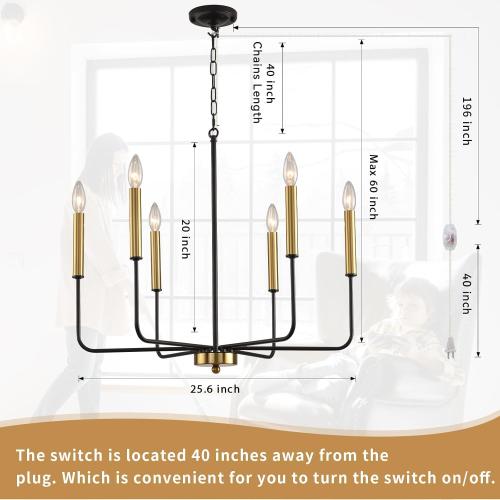 HOXIYA DIMMABLE Plug in Chandelier with Cord 25.6, Black and Gold 6 Light Modern Farmhouse Chandelier for Dining Room, Rustic Retro Hanging Ceiling Lighting Pendant Light Outdoor Gazebo Porch Bedroom
