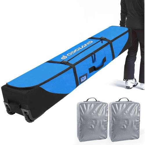 Odoland Rolling Ski Bag, Padded Snowboard Bags with Wheels for Air Travel, 900D Water Resistant Oxford Fabric and Extra 2 Dry Bag, Fits Skis Up to 170/190cm