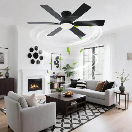 52 inch Black Ceiling Fans with Lights and Remote - Flush Mount Low Profile Ceiling Fan with Light, Reversible, 3CCT, Dimmable, Modern Indoor Ceiling Fan for Bedroom Living Room, Covered Patios