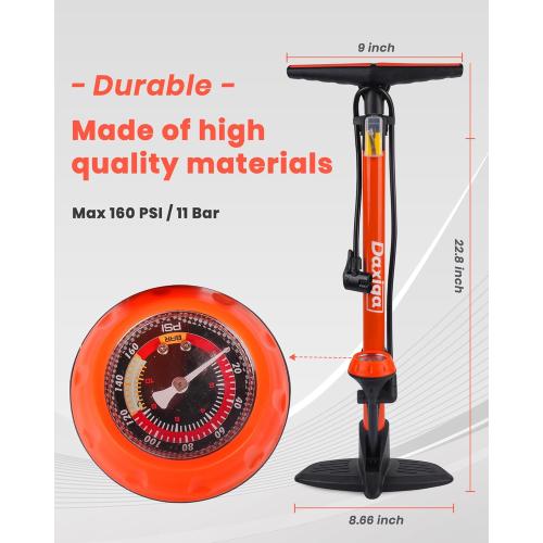 Daxiga Bike Floor Pump with Gauge, 160 PSI High Pressure, Presta & Schrader Compatible Bicycle Pump for Road Bike, MTB & Sports Balls