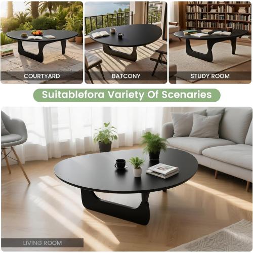Solid Wooden Modern Triangle Coffee Table: Unique Funky Coffee Tables for Living Room, Oval Mid-Century Irregular Abstract Tea Tables for Patio Office Balcony Bedroom (Black, 43 L x 31 W x 16 H)