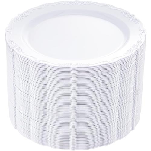 DaYammi 60PCS White Plastic Plates, Heavy Duty White Disposable Plates Premium 10inch Dinner Plates Hard Plastic Plates Disposable for Party Wedding Bridal Shower