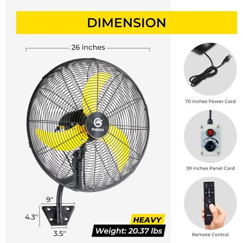 Black 24 FUGOO 24 Quiet Outdoor Oscillating Wall Mount Fan With Remote Control,All Sealed BLDC Motor,4-Speed Waterproof Outdoor Fan, Heavy Duty Industrial Wall Fans for House,Patios,Garage,Warehouse 5000CFM