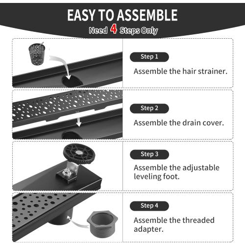 Linear Shower Drain 24 Inch, Bubbles Shower Drain SUS-304 Stainless Steel, 51L/Min Fast Drainage Floor Linear Drain, US Standard CUPC Certified, Matte Black, SD-099