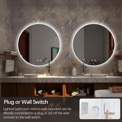 Niccy Round Led Mirror for Bathroom, 30 Circle Frameless Backlit Mirror wiht Light, Anti-Fog, 3 Colors, Waterproof, Memory Function