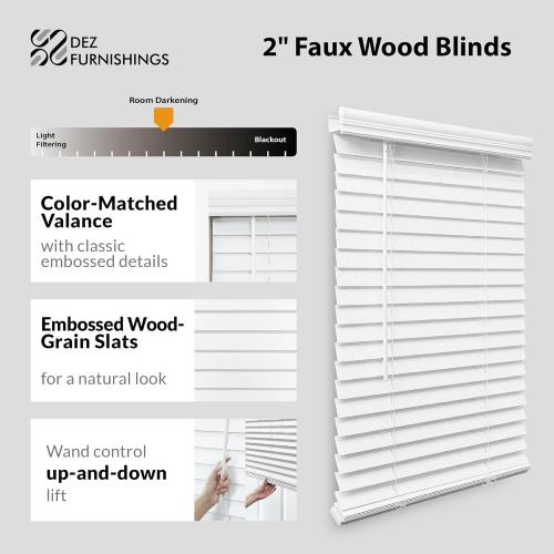 DEZ FURNISHINGS Cordless 2 Faux Wood Blind, 32 W x 48 H, White