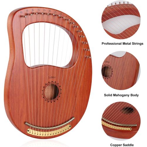 LIEKE Lyre Harp 16 Strings with Bag Tuning Wrench,Metal Strings,Mahogany Body and Copper Saddle,Professional Lyre Harp instrument Gift for Beginner Musician