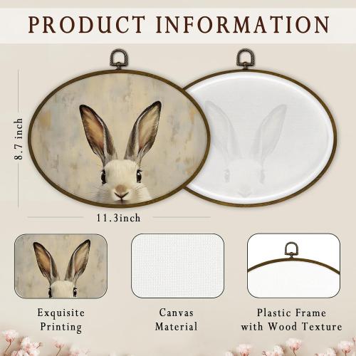 nvucamd Vintage Bunny Oval Wall Art Decor Framed, Classic Rabbit Canvas Prints Wall Art, Retro Farmhouse Easter Bunny Gifts Hanging Decor for Home Bedroom Bathroom Nursery, 11.3x8.7 Inches