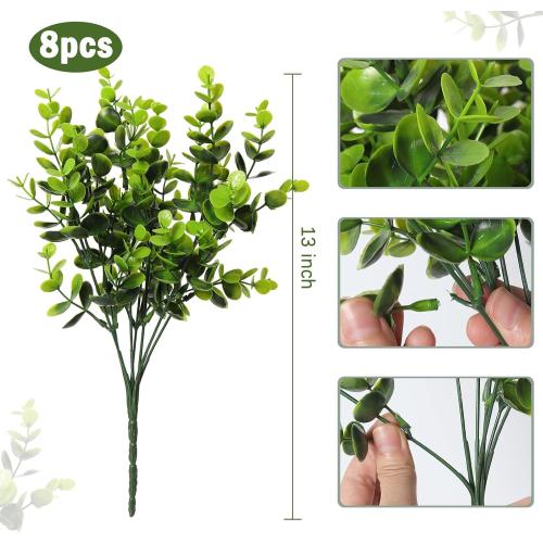 RECUTMS 8 Bundles Artificial Bushes Greenery Plants Stems Faux Shrubs Boxwood Plants Outdoor UV Resistant Fake Eucalyptus for Farmhouse Home Office Wedding Patio Backyard Indoor Outdoor Decor(Green)