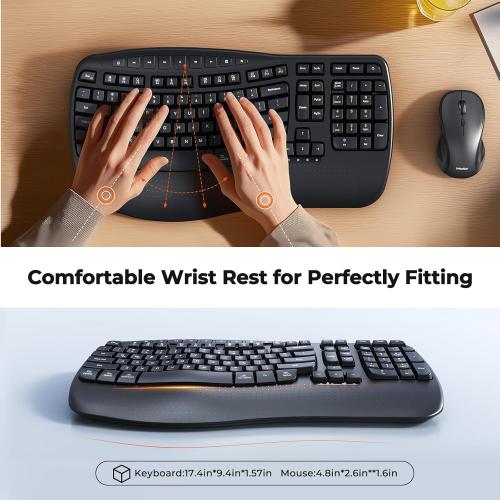 Black MEETION New Ergonomic Keyboard and Mouse Wireless Combo, Wave Keys Natural Typing, 2.4G Wireless Keyboard with Wrist Rest, 4 Adjustable DPI Optical Mouse, Computer/Laptop/Windows/Mac, Black