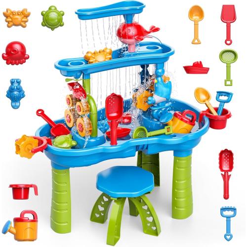 Multicolor 3-Tier Water Table for Kids Ages 3-5 4-8, Toddlers Outdoor Summer Water Table Beach Toys, Kids Activity Sensory Table Toddler Sand Box Play Table with Rain Showers Splash Pond for Boys Girls