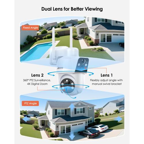 ANRAN 2 Pack Dual-Lens Solar Security Camera Wireless Outdoor - 3MP Fixed Wide-Angle   PTZ 360° View, Home Security Camera with Color Night Vision, 2-Way Talk, PIR Motion Detection, 100% Wire-Free