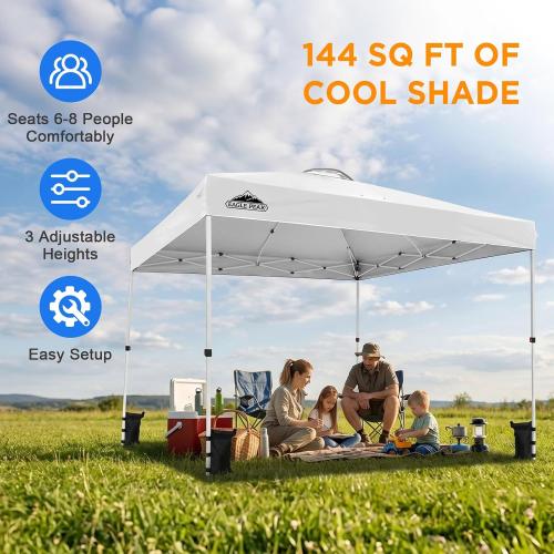 EAGLE PEAK Pop Up Canopy Tent with Wheeled Carry Bag, 8 Stakes, 4 Ropes, 4 Weight Bags, Easy Set Up Tent Canopy, 12x12 ft, 144sqft of Shade, White