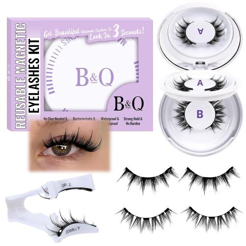 B&Q Magnetic Eyelashes with Applicator 2 Pair Magnetic Lashes Manga Look | Manga Reusable Magnetic Lashes with Applicator No Glue Beginner-Friendly Magnetic False Eyelashes Cat Eye Comfortable