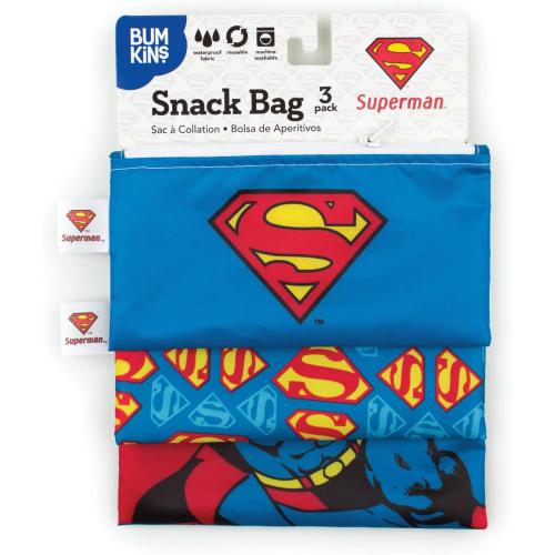 Bumkins Reusable Sandwich and Snack Bags, for Kids School Lunch and for Adults Portion, Washable Fabric, Waterproof Cloth Zip Bag, Travel Pouch, Food-Safe Storage, 3-pk DC Comics Superman