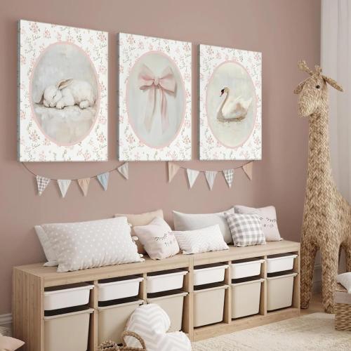 3Pcs Pink Vintage Nursery Canvas Wall Art Cute Animal Rabbit Swan Bow Flower Posters Prints Baby Girl Room Picture Wall Decor for Girls Room Bedroom Decorations Ready To Hang