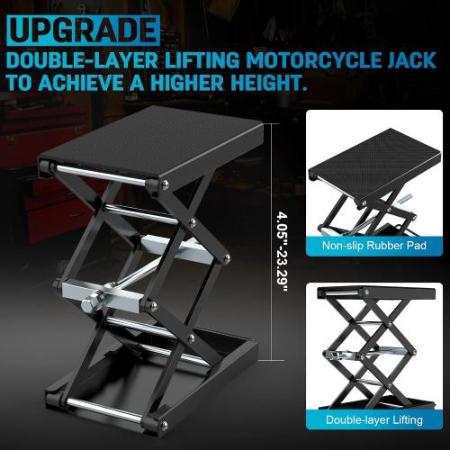 Upgraded Double-Layer Motorcycle Lift Stand with J Crank Handle & Socket | 1100 LB Capacity Steel Motorcycle Jack Stand, Scissor Lift with Deepened Rubber Pad & Wide Deck for Motorcycles