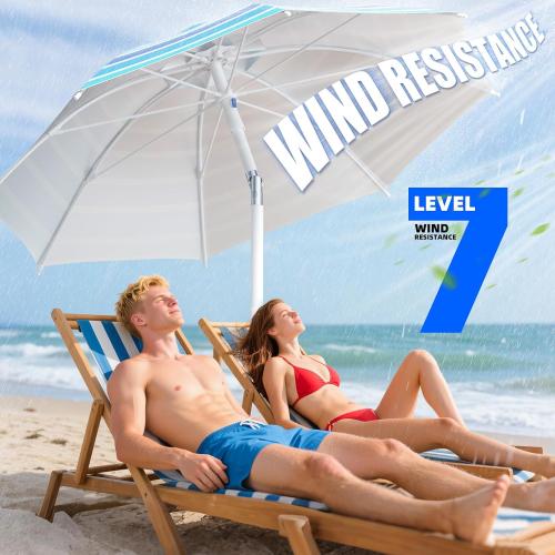 8FT Large Beach Umbrella with Heavy Duty Sand Anchor & Tilt Sun Shelter, Wind Resistance, UPF50  UV Protection, Waterproof Canopy, Portable for Beach Outdoor Patio Yard Garden Pool