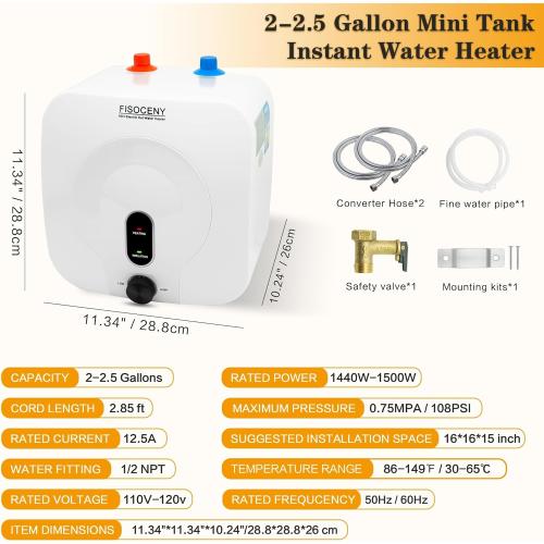 2.5 Gallon Mini Tank Water Heater Under Sink Hot Water 1500W 120V Water Heaters for RV Kitchen RV 1/2”NPT Stainless Steel Hose 3-way Fitting White