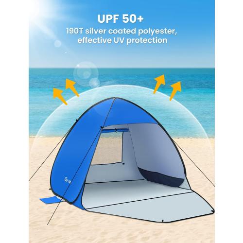 Blue Large Size Glymnis Pop Up Beach Tent Beach Shade Tent for 1-4 Persons Sun Shelter UPF 50  Enclose Zipper Door Portable Easy Up Beach Tent