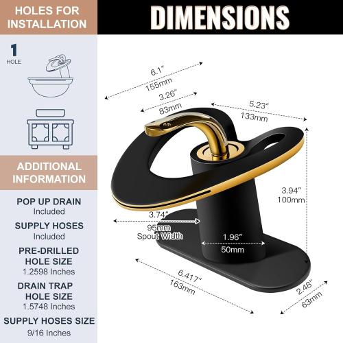 Black Gold Waterfall Sink Single Hole Vanity 1 Handle Brass Modern Unique Bathroom Faucets, 2 Tone Single Lever Copper Swan Style Vessel Hollow Faucet with Deck Plate for 3 Hole