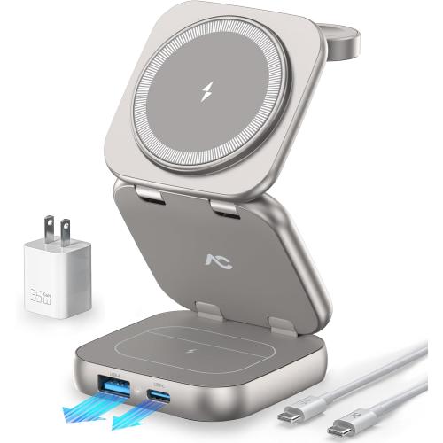 5-in-1 Wireless Charger for MagSafe, AC ISLAND Portable Travel Charging Station, 15W Max Fast Foldable Magnetic Stand, Evolved for iPhone 17/16/15/14/13 Series, Apple Watch, AirPods (with 35W Adapter)