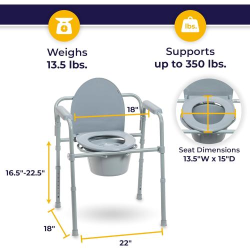 Grey Drive Medical Folding Steel Bedside Commode Chair, Portable Toilet, Supports Individuals Seat, Grey