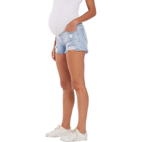 SizM.....VOCNI Maternity Jean Shorts Women's Maternity Indigo Blue Mom Tassel Secret Underbelly Denim Shorts