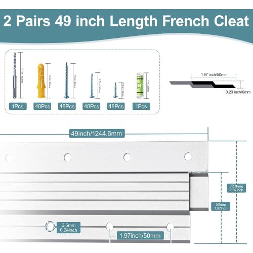 2 Pairs 49 inch French Cleats , Load 500Lbs Heavy Duty Mirror Mounting Hardware, Z-Clips Interlocking Wall Mount Bracket Hardware Kit for Mirror, Picture, Canva, Wall Cabinet, Headboard, Art, Frame