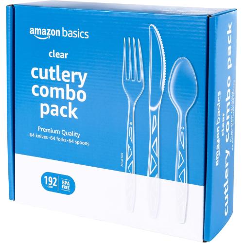 Amazon Basics Disposable Clear Assorted Cutlery Set, Premium Quality, 192 Count, Large Combo Pack Forks, Spoon and Knives