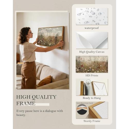 SHENIFY Vintage Landscape Framed Wall Art Meadow with Flowers Farmhouse Decor Retro Wildflower Field Scenery Painting for Hallway Bedroom Living Room Dining Room - 20x40in Natural Framed