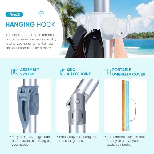 Tempera Heavy Duty High Wind Beach Umbrella with Sand Anchor & Carry Bag|Patio Outdoor Umbrella with Alumininm Frame, Sunshade Umbrella with Push Button Tilt, Ideal for Travel Garden Lawn Poolside Backyard, UPF 60